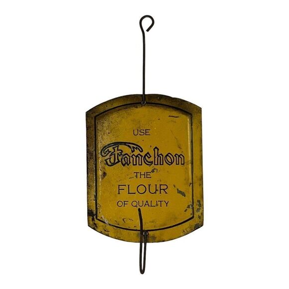VINTAGE Hanging Hook Advertising METAL ADVERTISEMENT FANCHON FLOUR Yellow Tin - Picture 1 of 4